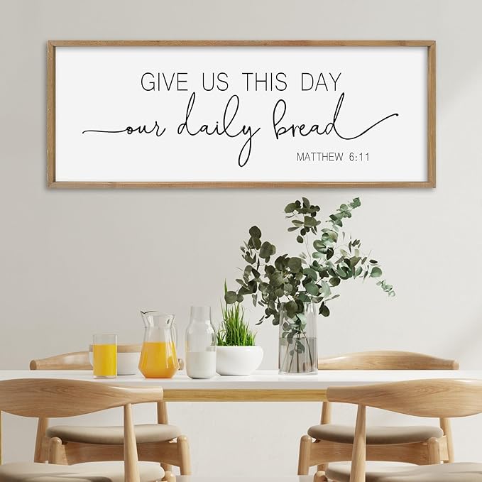 SRSZHIYUE Give Us This Day Our Daily Bread Sign Wall Decor Art 40"×15" Matthew 6:11 Dining Room Kitchen Large Wood Framed Wall Hanging (Wood)