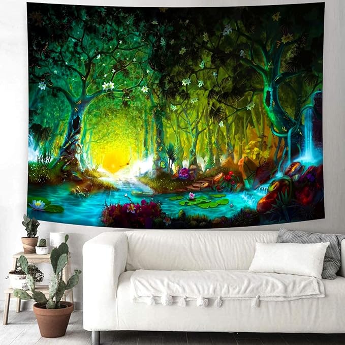 Delur Fantasy Forest Tapestry Mystical River Enchanted Magical Fairy Tale Tree Tapestry Sunrise Landscape Sunset Nature Psychedelic Wall Hanging Headboard for Bedroom Living Room Home Decor (70.8" x 92.5")