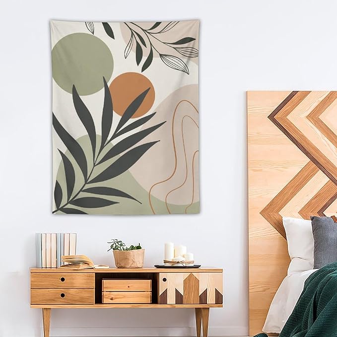 Abstract Bohemian Mid Century Tapestry, Tropical Leaves Modern Geometric Archway Minimalist Bohemian Botanical Aesthetic Wall Hanging, Sage Green Gold Home Decor Art for Bedroom 40x60 Inch