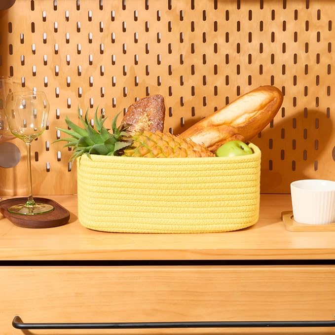 Small Storage Baskets for Organizing | Closet Organizer Bins | Shelf Toy Basket | Woven Rope Baskets | Cube Decorative Box | Shallow Basket | 11.5x7.5x4.7” | 4 Packs Yellow