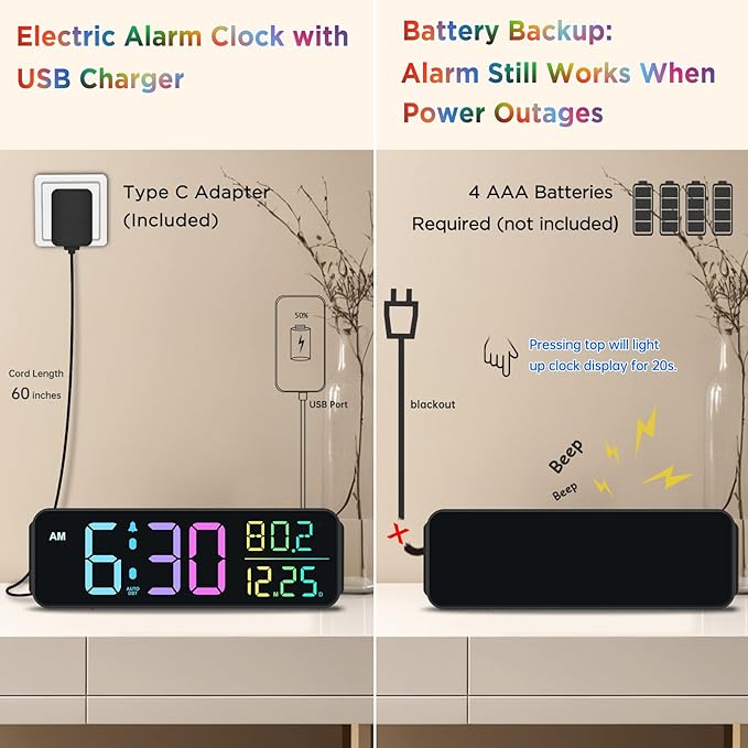 Peakeep Digital Alarm Clock for Bedrooms, Date Day of Week Large Display Numbers 6 Brightness Dimmer, 5 Volume Loud for Heavy Sleepers, 8 RGB Colors Electric Desk Clock Battery Backup, Auto DST