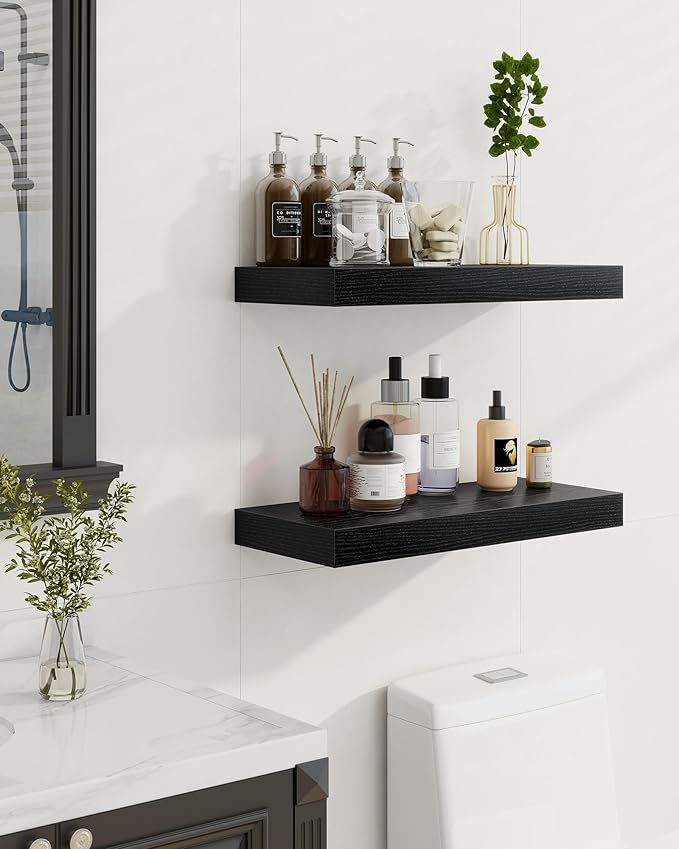 Marsmiles 55" Floating Shelves for Wall, Wooden Shelves with Invisible Brackets Set of 2, Rustic Farmhouse Wall Mounted Shelf for Kitchen Bathroom Living Room Study, Black
