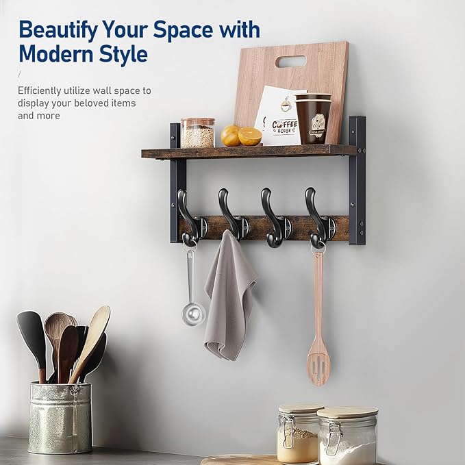 Tatub 16" Rustic Coat Rack Wall Mount with Shelf, Wall Hooks with Shelf, Heavy Duty Entryway Organizer Hangers for Hanging, Hat, Bag, Jacket for Bathroom, Living Room, Bedroom