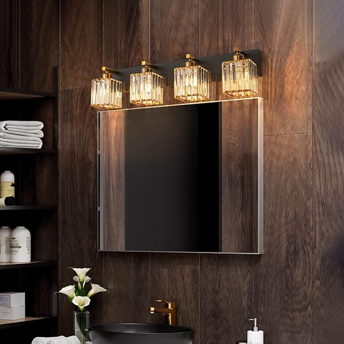 Modern Bathroom Vanity Light 4-Lights Black Gold Crystal Bathroom Wall Light Vanity Light Fixtures，28.34-inch Modern Minimalist Design