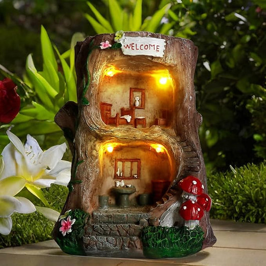 Solar Light Gnome Fairy Garden House for Outside, Big Size Fairy Miniature Buildings Accessories House Sculptures for Outdoor Garden Patio Lawn Path Decorations, 8" Tall