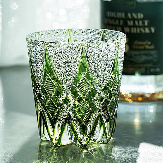 JEKE Edo style Hand Carved Drinking Glass Crystal Whisky Glass 340ml Tumbler For Whiskey Cocktail-Vodka-Beer Drinkingware Glasses In Gift Carton (Green)