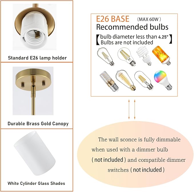 Modern Gold Pendant Light 3 Pack Brushed Brass Mid Century Chandelier White Cylinder Glass Shades Adjustable Rods Farmhouse Ceiling Hanging Lighting Fixture Kitchen Island Dining Room Bedroom