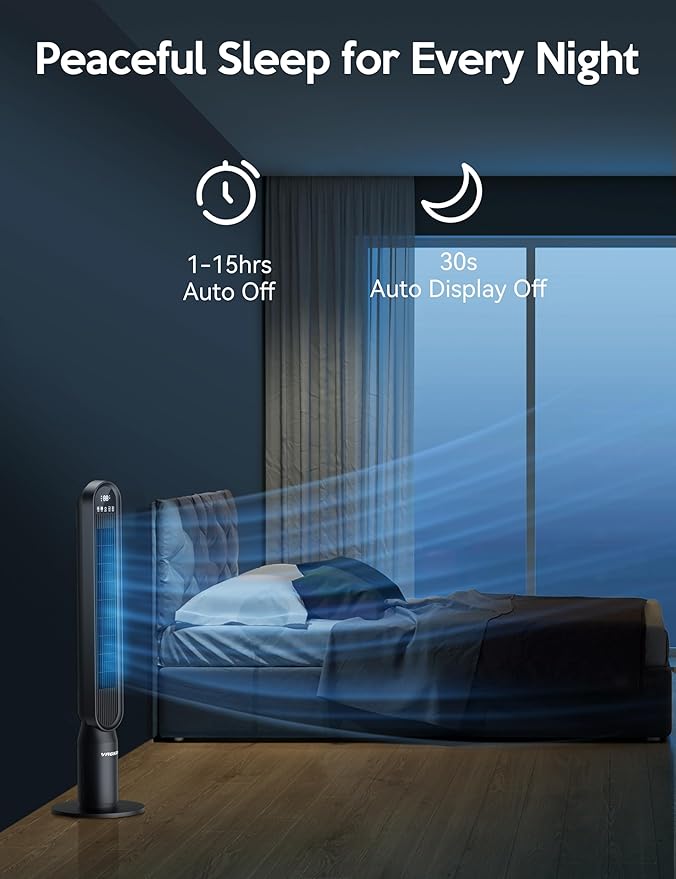 VAGKRI 42 Inch Tower Fan for Bedroom, Bladeless Quiet Floor Fan with 135° Vertical 90° Oscillation Fans for Indoors use, 4 Speeds, 4 Modes, 15H Timers Standing Fans with Remote Black