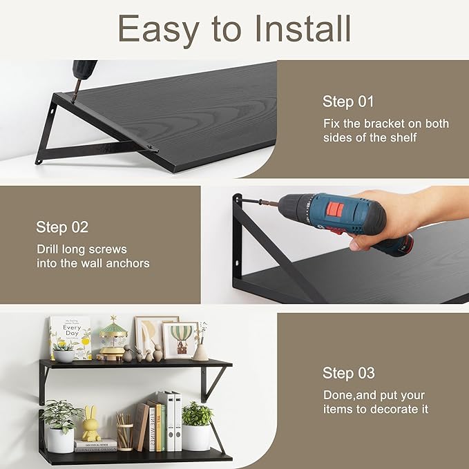 Deep Floating Shelves, 12 Inch Deep Floating Shelves for Wall, 24"W x 12"D Wall Shelves for Books, Rustic Black Wooden Shelves, Large Wide Display Shelf for Bathroom, Living Room, Bedroom, Set of 2