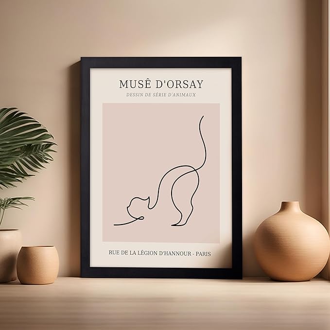 Poster Master Vintage Poster - Retro One Line Cat Drawing Print - Cat Art - Minimal Gift for Men, Women, Animal Lover - Abstract Wall Decor for Home, Office, Bedroom, 16x20 Black Framed
