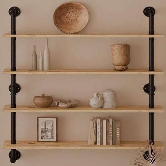 Industrial Pipe Wall Shelves Shelving with Real Wood Plank,48 Inches Floating Shelf for Wall Farmhouse Book Shelves Dark Brown 4 Tier for Kitchen,Living Room Decor and Bar Shelving