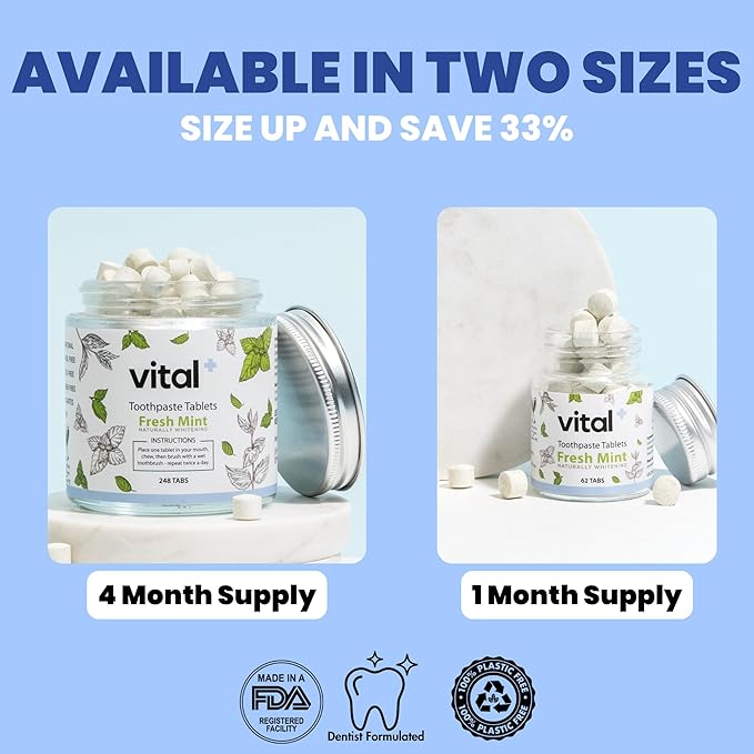 Vital Toothpaste Tabs with 7% Nano-Hydroxyapatite | Naturally Whitens + Remineralizes Teeth | Fluoride & Plastic Free | Combats Sensitivity | Travel & Eco Friendly | Fresh Mint | 248 Tablets (4 Month)
