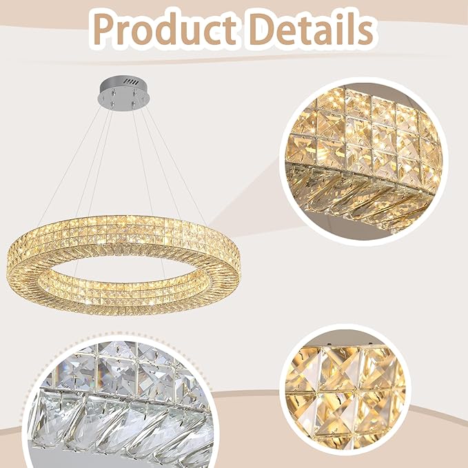 Dia 32" Ring Crystal Chandelier Modern Silver Ring Chandelier Adjustable Height Luxury Crystal Pendant Ceiling Light Fixture for Dining Living Room Bedroom