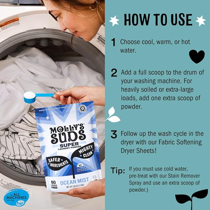 Molly's Suds Unscented Super Powder Detergent | Extra Strength Laundry Soap, Stain Fighting | Sensitive Skin | Simple, Effective Ingredients | 60 Loads