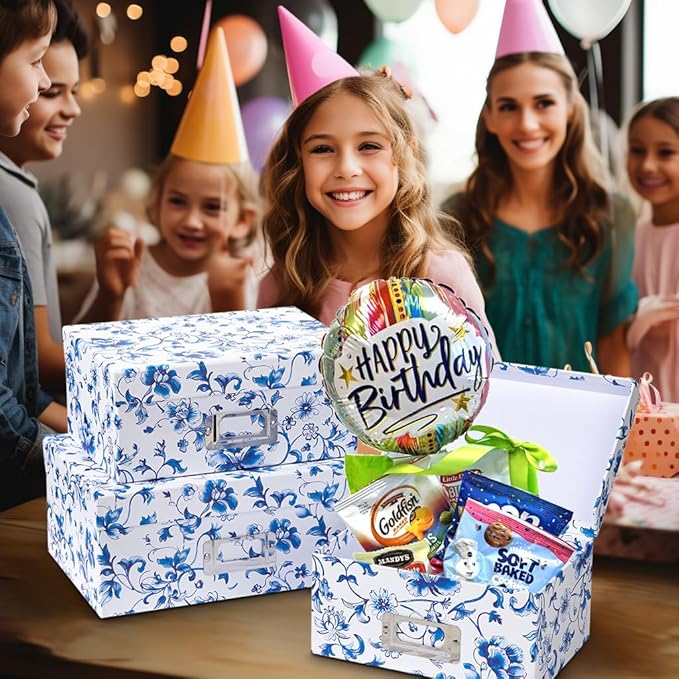 Briful Decorative Photo Storage Boxes with Lids, Set of 4 – Blue and White Porcelain Pattern, Nested Card Storage Box Organizer, Decorative Paperboard Box for Closet, Office, Gifts,Cosmetic,Books