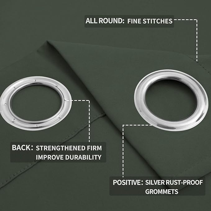 Easy-Going Blackout Curtains for Bedroom, Solid Thermal Insulated Grommet and Noise Reduction Window Drapes, Room Darkening Curtains for Living Room, 2 Panels (52x108 in,Greyish Green)