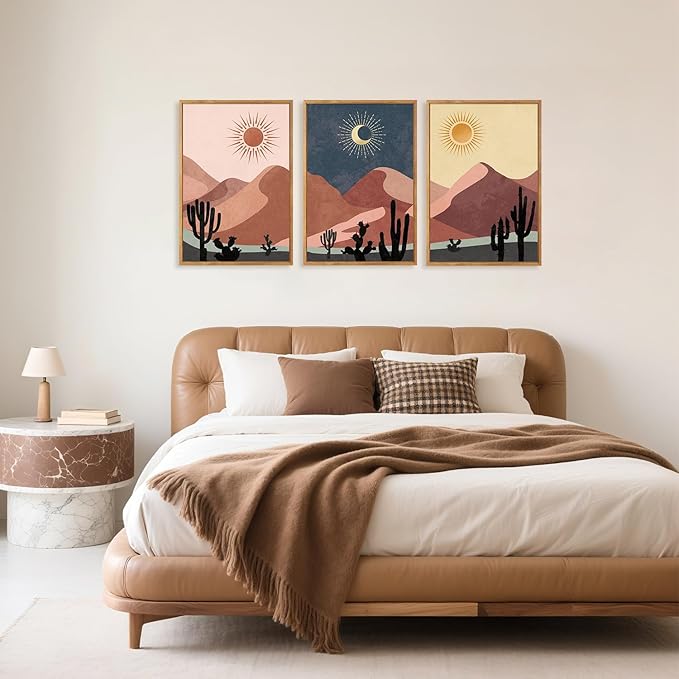HPNIUB Boho Desert Framed Canvas Wall Art Set, Abstract Sun Moon Art Prints, Modern Cactus Paintings Artwork, Mid Century Southwestern Landscape Wall Decor for Living Room, Bedroom, Office-16 x24 x3