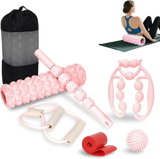 7 in 1 Foam Roller,Products Include Foam shafts,Muscle Roller Bars,Leg Massagers,Fascia Balls,Stretch Bands,8-Shaped Resistance Bands,are Used for Full-Body Relax,Yoga(White Pink Blue) (Pink)