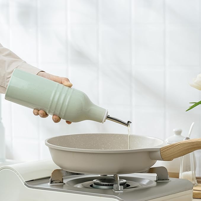 famiware Jupiter 16oz Ceramic Olive Oil Dispenser Bottle, 1 Piece Oil Dispenser for Kitchen with Stainless Steel Pourers, Suitable for Storage Vinegar, Soy Sauce, Coffee Syrup, Light Green