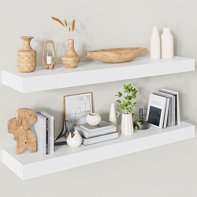 Heimlove Floating Shelves for Wall 36 Inches Long,9.3" Deep White Floating Shelf Set of 2,Wall Mounted Shelves for Bathroom Bedroom Living Room Kitchen Office,Shelf for Books Storage,Home Decor