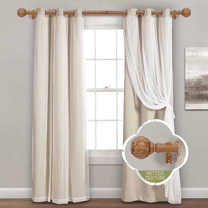 Wood Boho Curtain Rods for Windows:36-88Inch Wooden Farmhouse Curtain Rod for Bedroom Living Room,Heavy Duty Adjustable Rustic Decorative Drapery Rods with Vintage Imitation Wood Finial,Brown