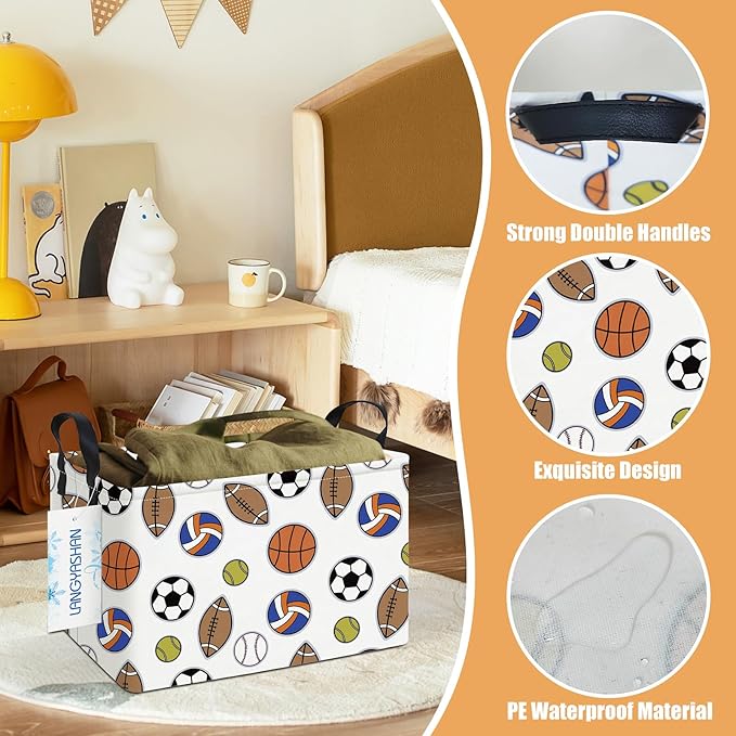 LANGYASHAN Rectangular Storage Bin Collapse Canvas Fabric Cartoon Storage Basket with Handles for Organizing Home Kitchen Boys and Girls Toys Office Closet Shelf Baskets (Rec Colorful Balls)