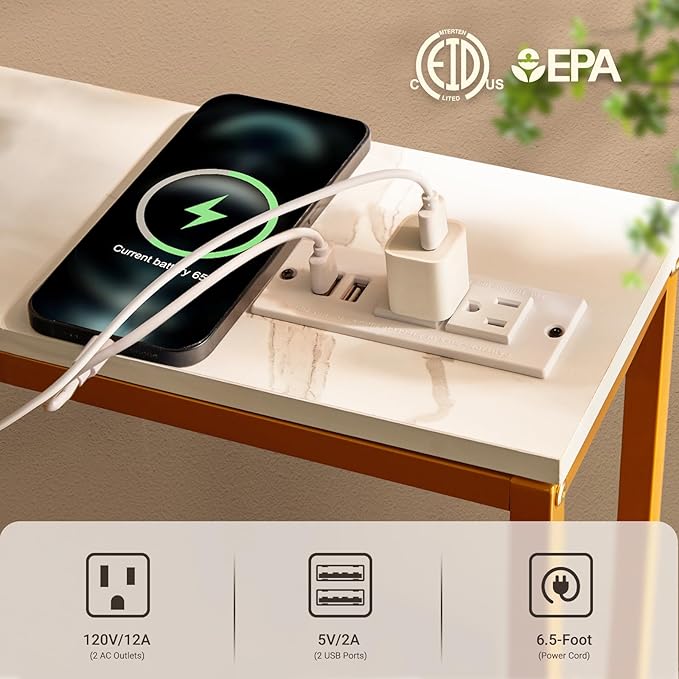 ELYKEN 2 Pack 5.9" Narrow Console Sofa Table with Power Outlets and USB Port, 5.9" Dx39.4 Wx31.1 H Marble Texture Skinny Couch Table with Golden Metal Frame