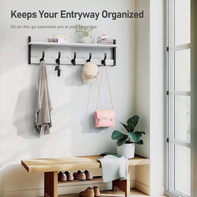 Tatub 29" Coat Rack Wall Mount with Shelf, Entryway Wall Hooks with Shelf, Coat Hangers for Bathroom, Living Room, Bedroom, Rustic White