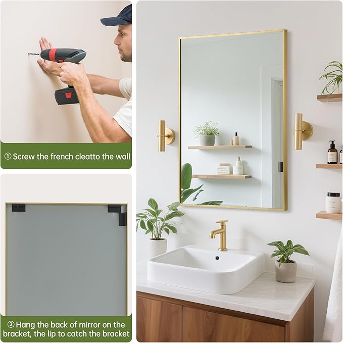 FARMER 30x36 Inch Gold Bathroom Mirror, Rectangle Wall Mounted Mirror, Vanity Mirror, Brushed Square Mirror, Framed Bathroom Mirror for Bedrooms, Entryways, Living Rooms, Horizontal/Vertical
