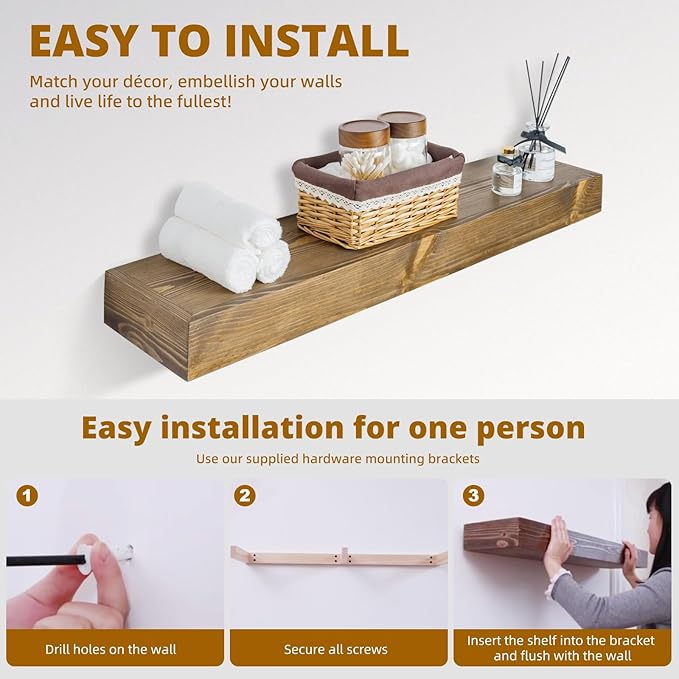 Floating Shelves 3 inch Thick for Wall Set of 2,Solid Pine Wood Wall Mount Shelf for Kitchen Living Room Bedroom Bathroom,8" D x 36" L x 3" H-Black Walnut