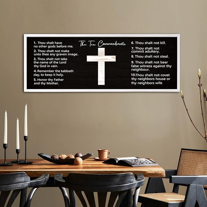 Ten Commandments Rustic Bible Verse Framed Wall Decor, 40" x 15", Religious Christian Slogan Representing a Prayer to God Jesus Christ, Vintage Horizontal Holy Inspirational Catholic Scripture Decor