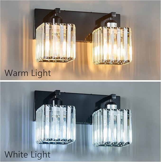 Modern Bathroom Vanity Light 2-Lights Plating Black Crystal Bathroom Wall Light Vanity Light Fixtures