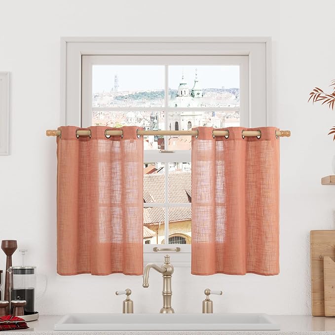 LAMIT Small Window Linen Curtains 36 inches Long, Light Filtering Linen Textured Bronze Grommet Soft Semi Sheer Drapes for Half Windows/Bathroom, 2 Panels, Terracotta, 34 x 36 Inch