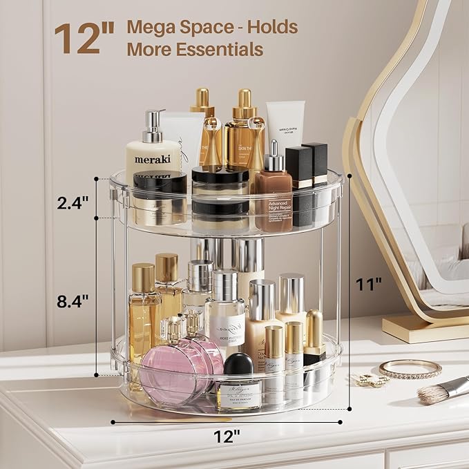 LAMU 2 Pack 2 Tier Lazy Susan Turntable Organizer 12inch Rotating Spice Rack Organization for Cabinet, Kitchen, Pantry, Countertop, Bathroom, Vanity, Medicine Cabinet Organizer, Clear