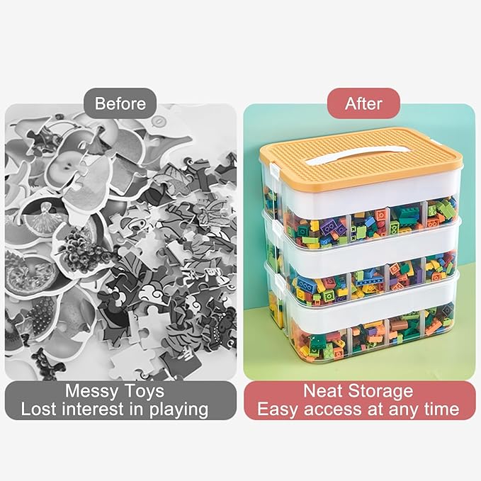 Toys Organizer Storage Case for Lego Box Kids Toy Stackable Building Blocks with Lids Bins Adjustable Lego Storage Containers Plastic Toy Box 3 Layer (Lemon)
