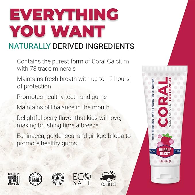 Coral Nano Silver Bubble Berry Kids Toothpaste, Natural Fluoride Free Teeth Whitening Toothpaste, Coral Calcium Nano Silver Infused SLS Free - 4 Ounces (4 Pack)