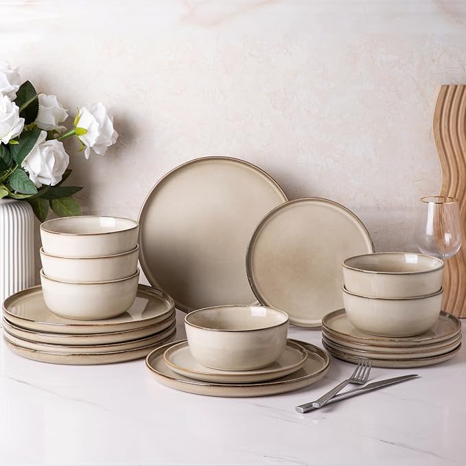 GBHOME Ceramic Dinnerware Sets for 6, 18 Pieces Stoneware Plates and Bowls Sets, Scratch Resistant Dishes, Dishwasher & Microwave Safe, Reactive Glaze-Cappuccino