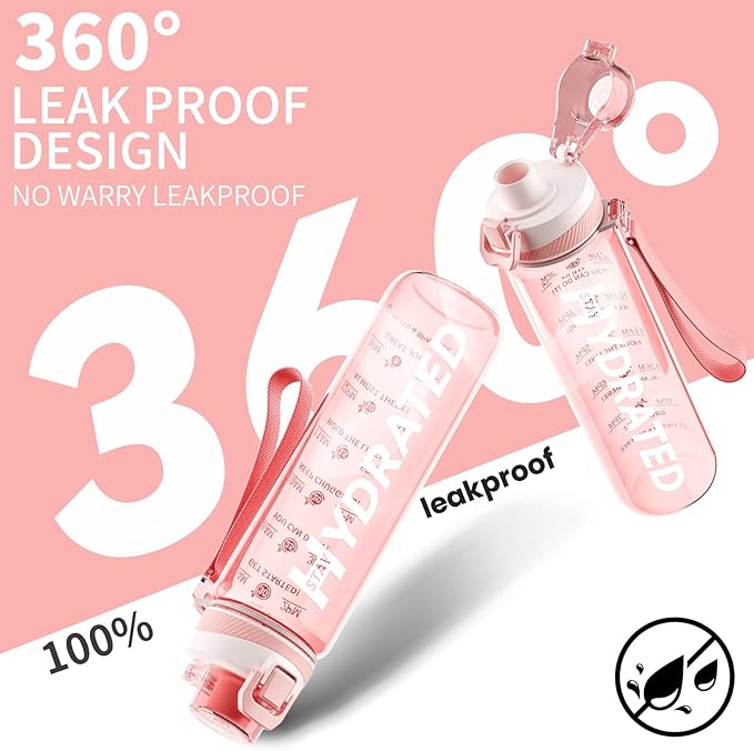 Water Bottle, 32 oz Motivational Water Bottles with Time Marker-Tritan & BPA Free, Sports Water Bottle with Time to Drink & Strap, Wide Mouth, Leakproof -Gift for Christmas Gym Fitness & Outdoor