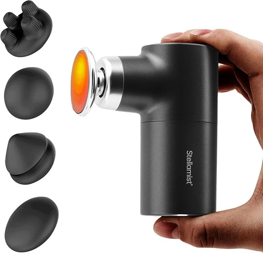 Mini Massage Gun Deep Tissue, Portable Hand Held Massager Gun with Heat, Portable Percussion Muscle Massager with 4 Massage Heads for for Dad, Office, Home, Athletes