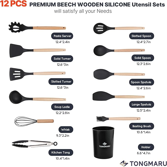 Silicone Cooking Utensils Set, Premium Beech Wood Handle Kitchen Gadgets Utensil Set, Non-Stick Kitchen Utensils Spatula, Tongs, Turner, Whisk, Brush, Spoon, BPA FREE, 446°F Resistant (Black)