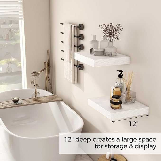 Fun Memories 12 Inch Floating Shelf, Rustic Wood Wall Shelves for Wall Decor & Storage, 12 x 12 Floating Shelf for Living Room, Bathroom, Bedroom, White, Set of 2