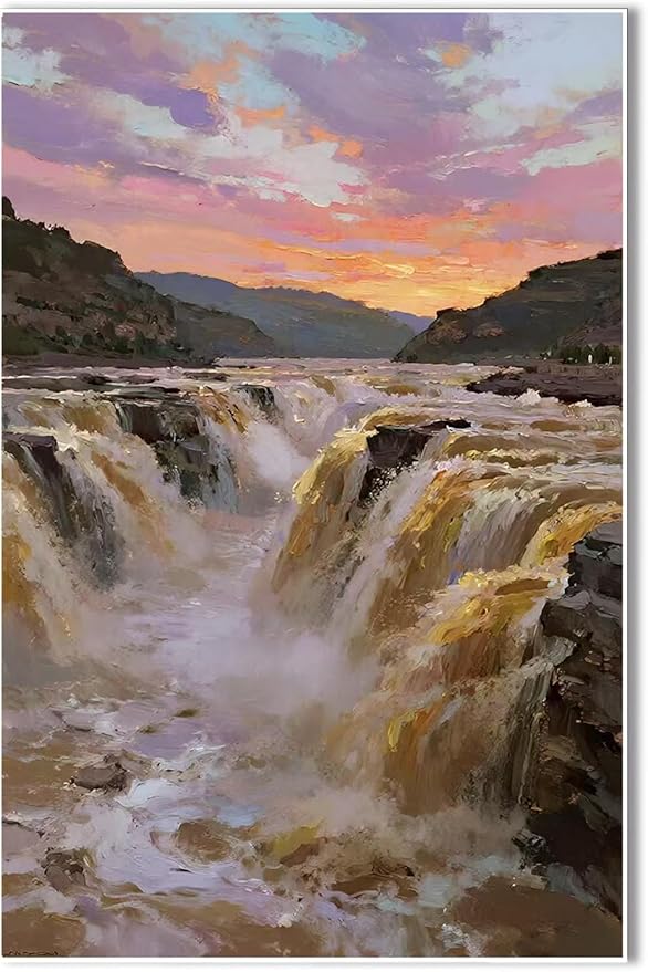 The surging waterfall scenery in the canyon is suitable for posting in the living room bedroom and office landscape posters