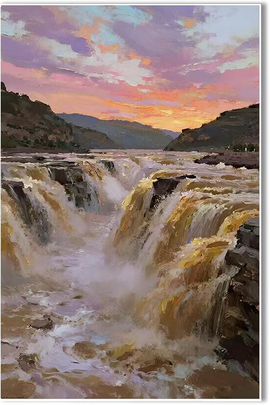 The surging waterfall scenery in the canyon is suitable for posting in the living room bedroom and office landscape posters