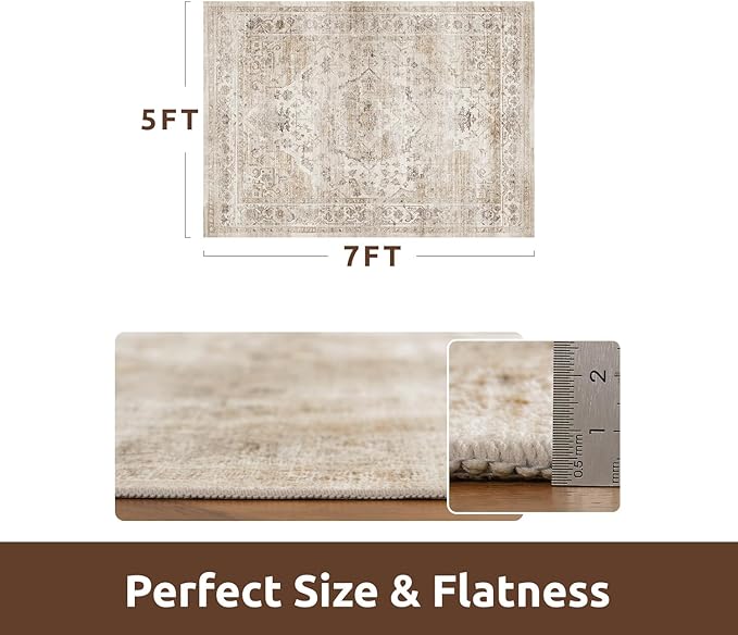 AMOAMI-Area Rug 5X7 Rugs for Living Room-Vintage Soft Beige Rugs for Bedroom-Non Slip Carpet-Machine Washable Rug for Dining Room Living Room Bedroom Office Under Table-Beige