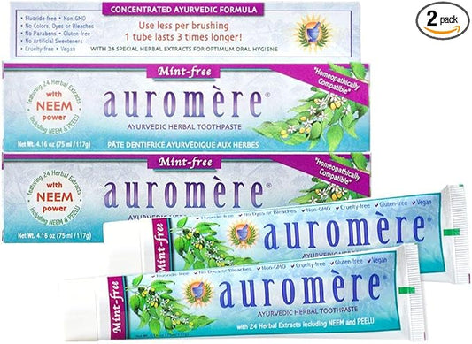 Auromere Ayurvedic Herbal Toothpaste, Mint Free - Vegan, Natural, Non GMO, Fluoride Free, Gluten Free, with Neem & Peelu (4.16 oz), 2 Pack