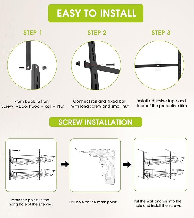 Over The Door Pantry Organizer, Wall Mount Spice Rack, Pantry Hanging Storage and Organization, 8 Adjustable Baskets Heavy-Duty Metal for Home & Kitchen, Back of Door Seasoning Rack - White