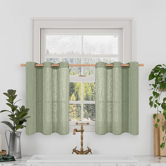 LAMIT Semi Sheer Linen Curtains 36 Inch Length, Light Filtering Panels Bronze Grommet Boho Neutral Christams Window Drapes for Kitchen/Small Windows/Cafe, Sage Green, 34 x 36 Inch, 2 Panels