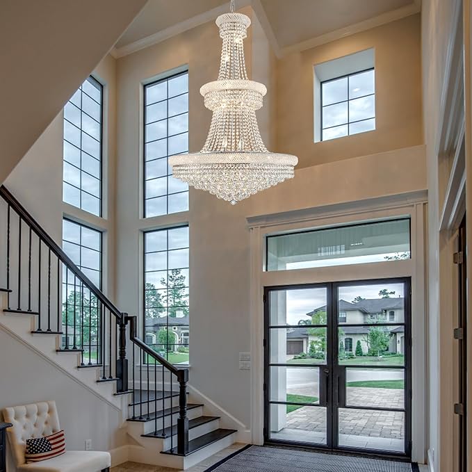 High Ceiling Chandelier 19-Lights Modern Crystal Chandeliers Silver Large Foyer Chandelier Fixtures for Staircase Living Room Hallway Entryway (H47 x W31.5)