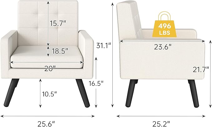 Kromax Mid-Century Modern Accent Chair Set of 2 for Living Room, 496 Lb. Weight Capacity, Dual Armrests, Comfy Extra Large Seat, Timeless Style Perfect for Reading & Relaxing, Beige