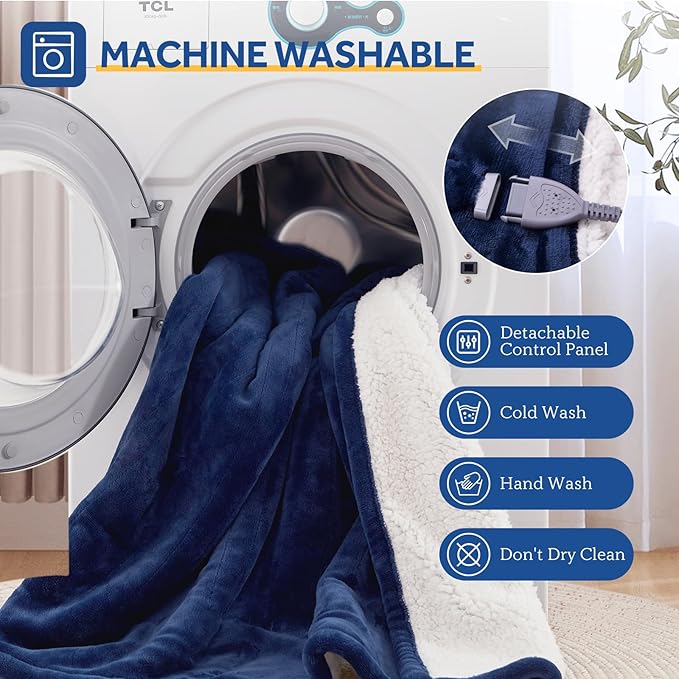 Sealy Electric Blanket Throw Size 50"*60",Super Cozy Flannel to Sherpa Reversible Heated Blanket Throw with 6 Heating Levels & 2-10 Hours Auto Off Overheating Protection Machine Washable,Navy